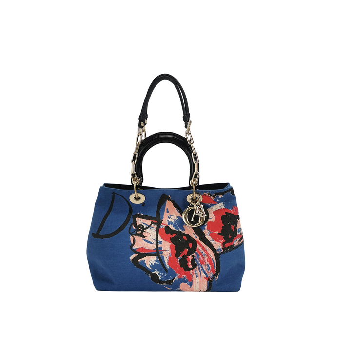 Dior D Light Canvas Chain Tote Bag In Blue Flower Print
