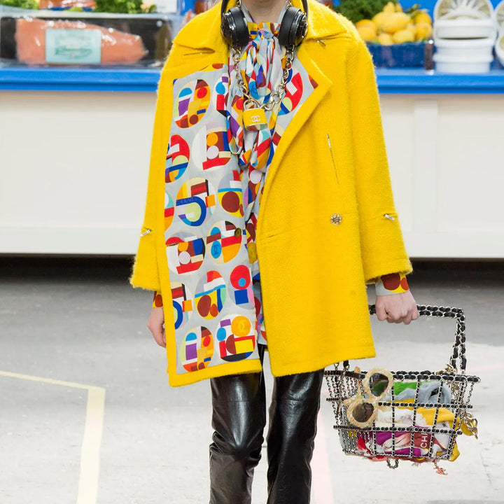 Chanel Goldtone Metal And Yellow Tweed Oversized Padlock CC Necklace