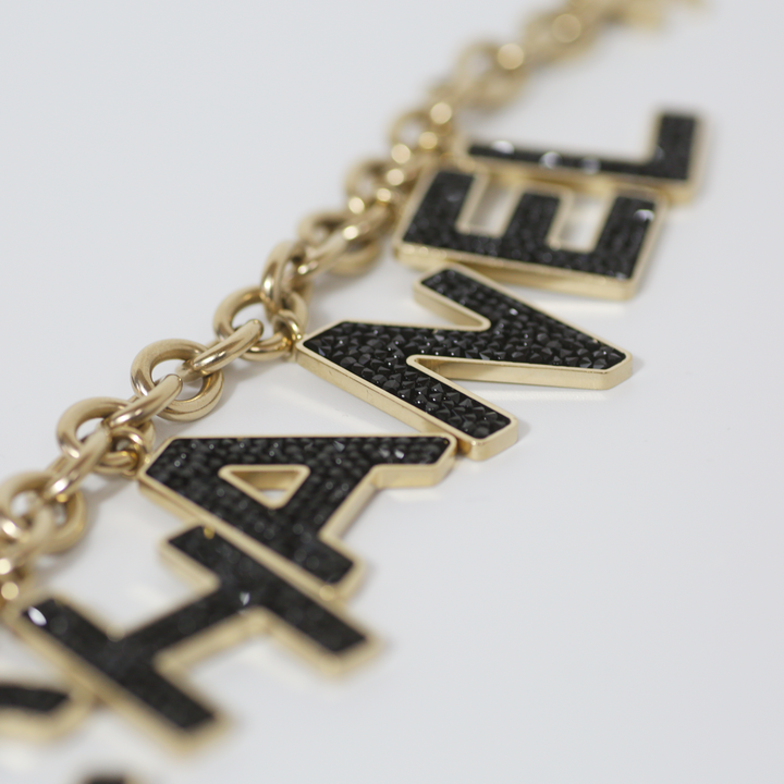 Chanel Black Crystal-Encrusted Letters Gold Chain Charm Bracelet