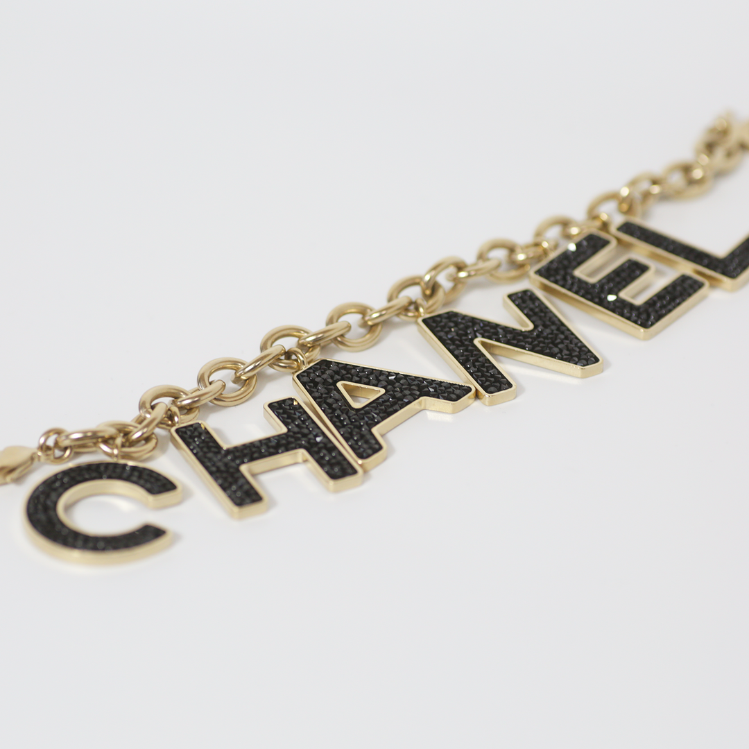 Chanel Black Crystal-Encrusted Letters Gold Chain Charm Bracelet
