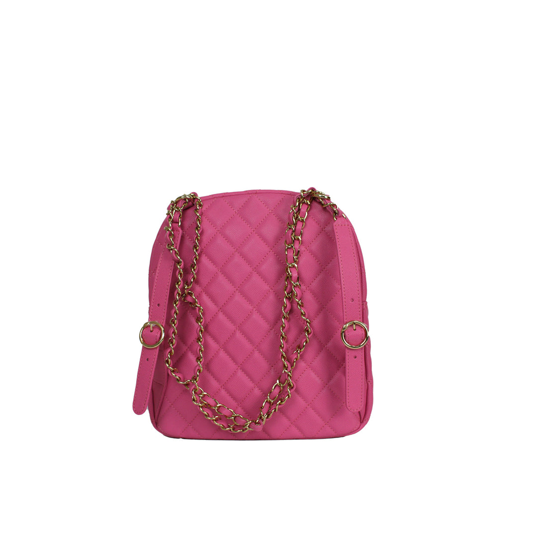 This backpack features two interwoven chain and leather straps, both straps are adjustable by their belt buckle fastening.