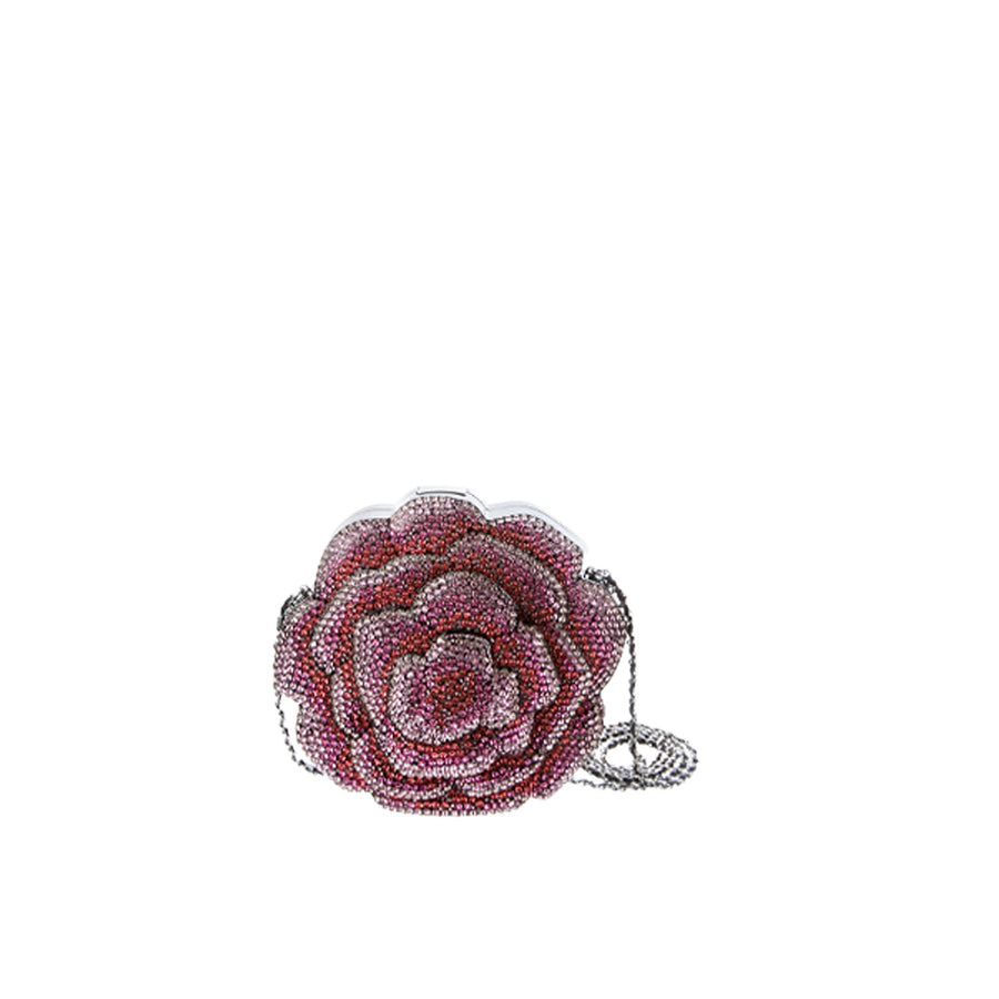 Chanel flower minaudiere with interwoven chain and leather strap in silver-toned hardware.