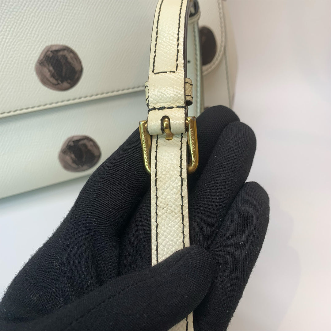 Dolce & Gabbana Large Sicily Bag White Grained Leather with Black Polka Dot Print
