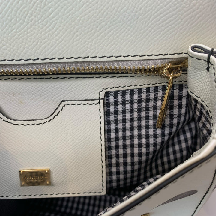 Dolce & Gabbana Large Sicily Bag White Grained Leather with Black Polka Dot Print