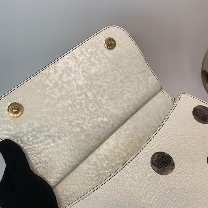 Dolce & Gabbana Large Sicily Bag White Grained Leather with Black Polka Dot Print