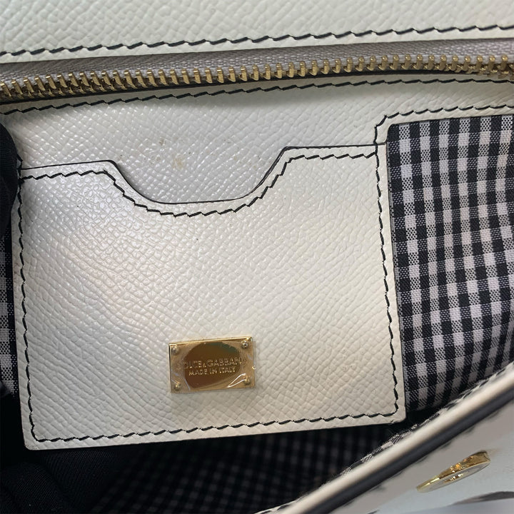 Dolce & Gabbana Large Sicily Bag White Grained Leather with Black Polka Dot Print