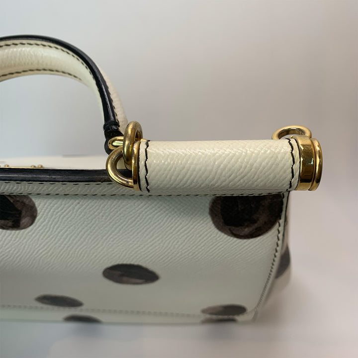 Dolce & Gabbana Large Sicily Bag White Grained Leather with Black Polka Dot Print