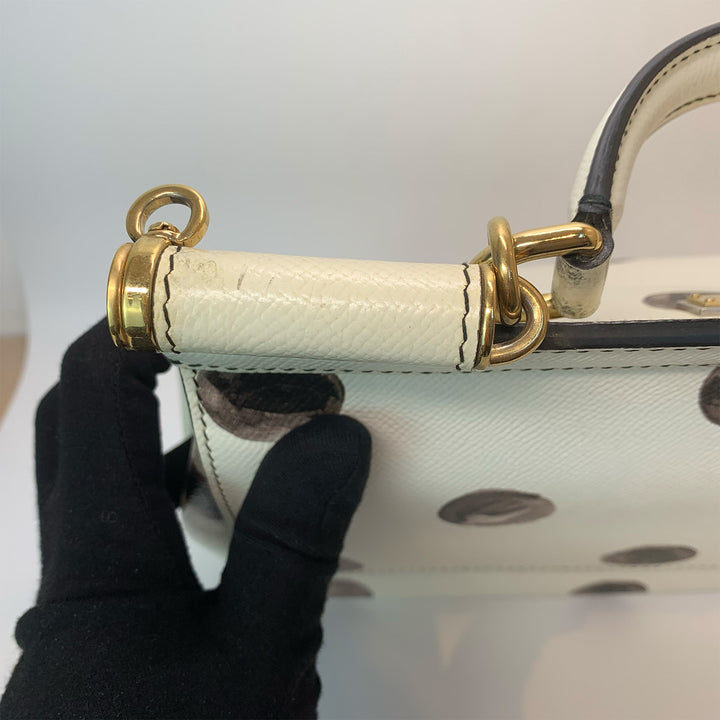 Dolce & Gabbana Large Sicily Bag White Grained Leather with Black Polka Dot Print