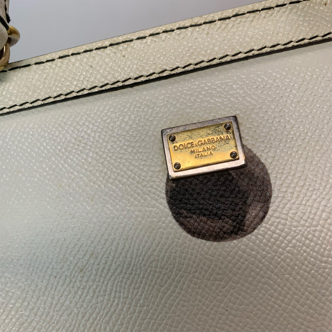 Dolce & Gabbana Large Sicily Bag White Grained Leather with Black Polka Dot Print