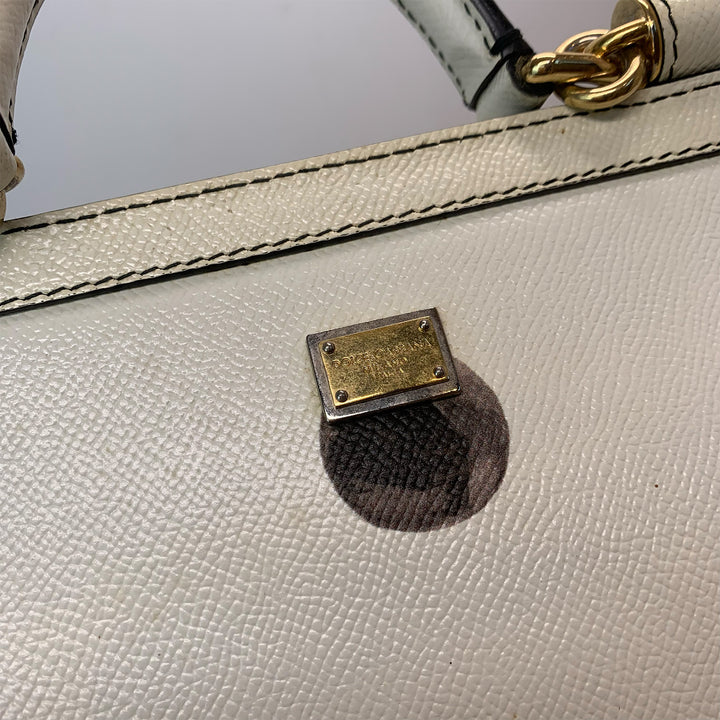 Dolce & Gabbana Large Sicily Bag White Grained Leather with Black Polka Dot Print
