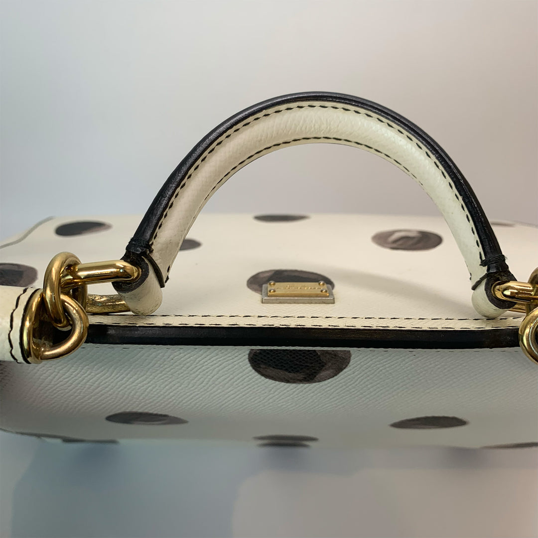 Dolce & Gabbana Large Sicily Bag White Grained Leather with Black Polka Dot Print
