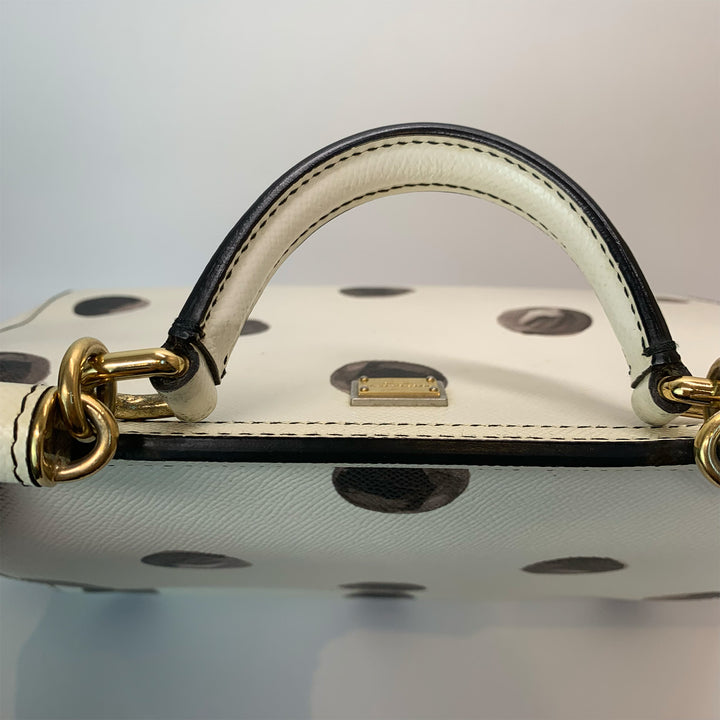 Dolce & Gabbana Large Sicily Bag White Grained Leather with Black Polka Dot Print