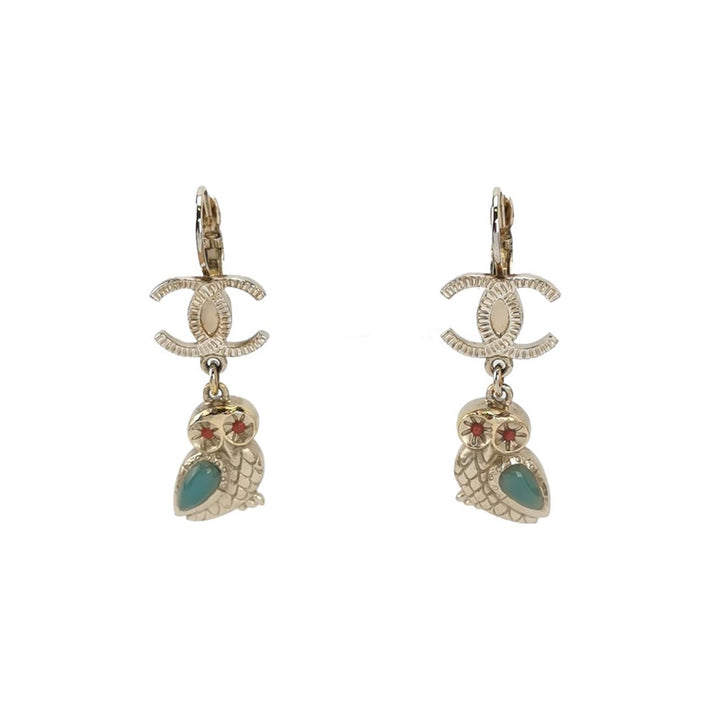 Chanel Gold Owl Dangle Pierced Earrings