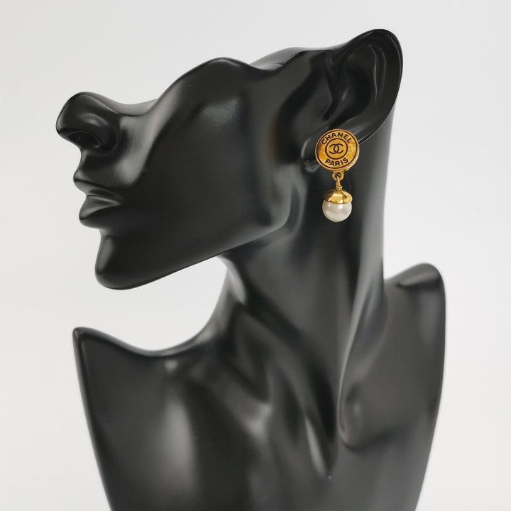 Chanel CC Faux Pearl Gold Tone Drop Clip-on Earrings