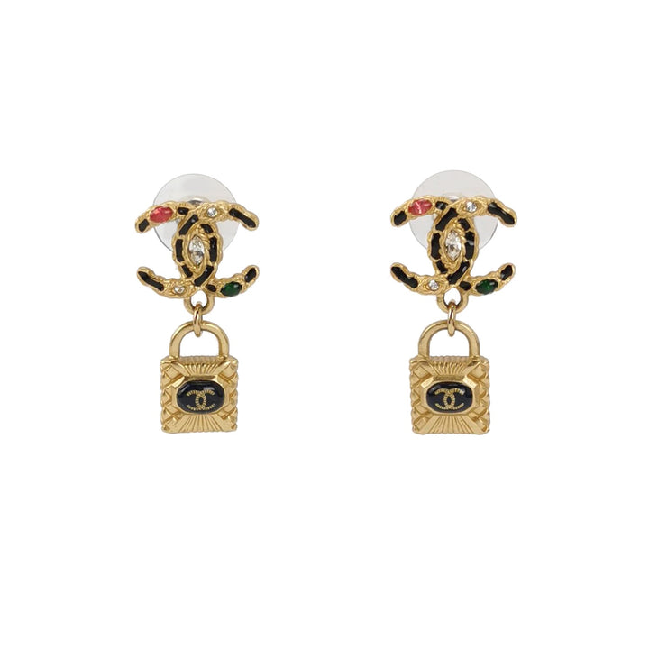 Chanel Goldtone Metal Crystal And Resin Padlock CC Drop Earrings
