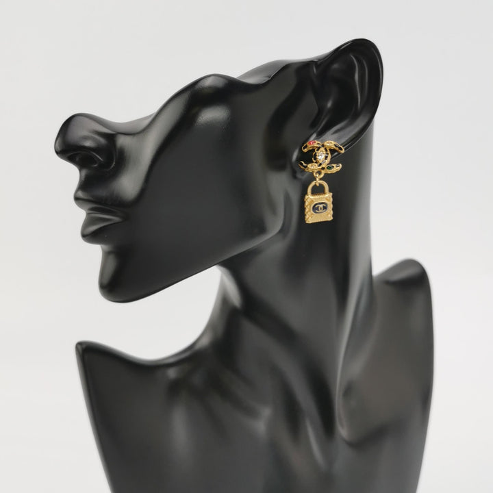 Chanel Goldtone Metal Crystal And Resin Padlock CC Drop Earrings