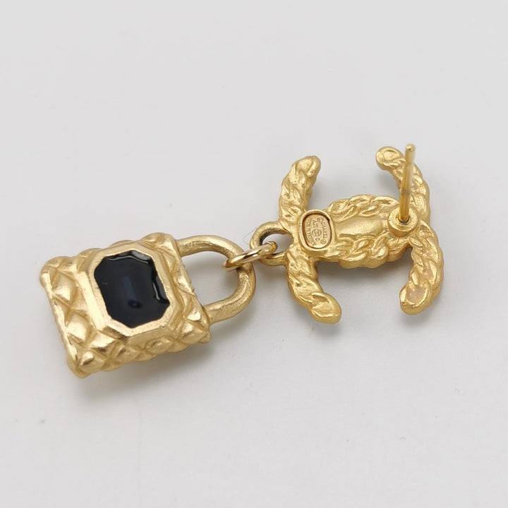 Chanel Goldtone Metal Crystal And Resin Padlock CC Drop Earrings