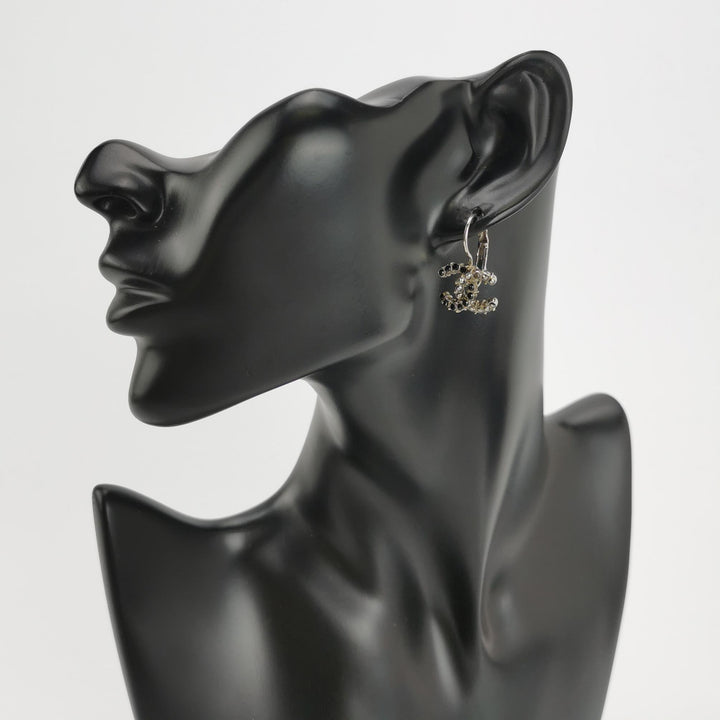 Chanel CC Logo Earrings Black White Crystal