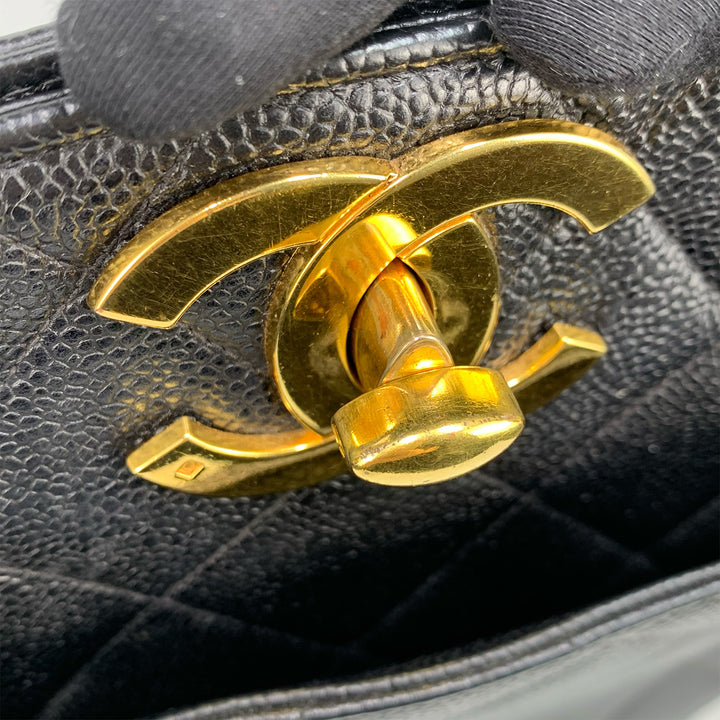 Vintage Chanel CC Lock Chain Tote in Black Caviar Leather and Gold Hardware