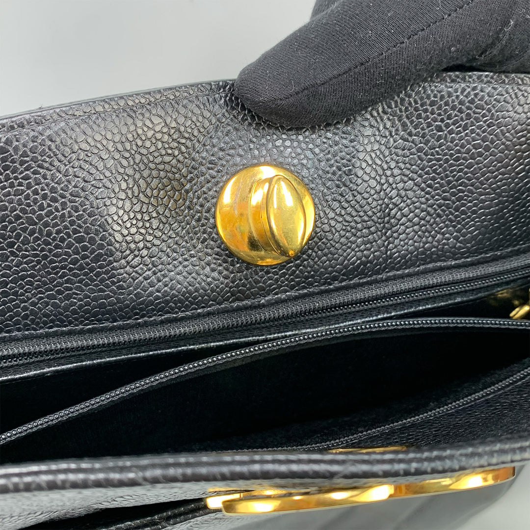 Vintage Chanel CC Lock Chain Tote in Black Caviar Leather and Gold Hardware