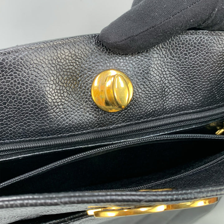 Vintage Chanel CC Lock Chain Tote in Black Caviar Leather and Gold Hardware