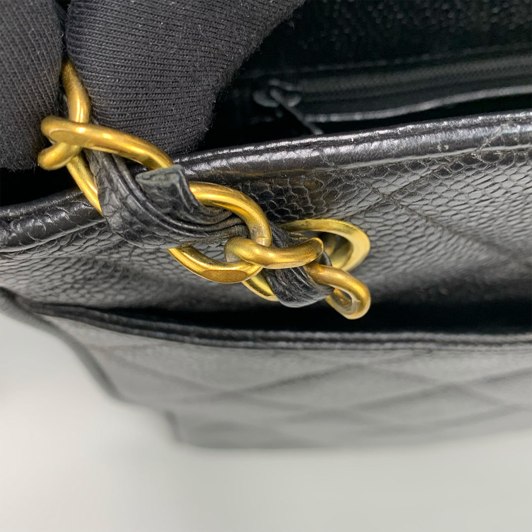 Vintage Chanel CC Lock Chain Tote in Black Caviar Leather and Gold Hardware