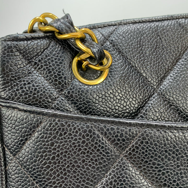 Vintage Chanel CC Lock Chain Tote in Black Caviar Leather and Gold Hardware