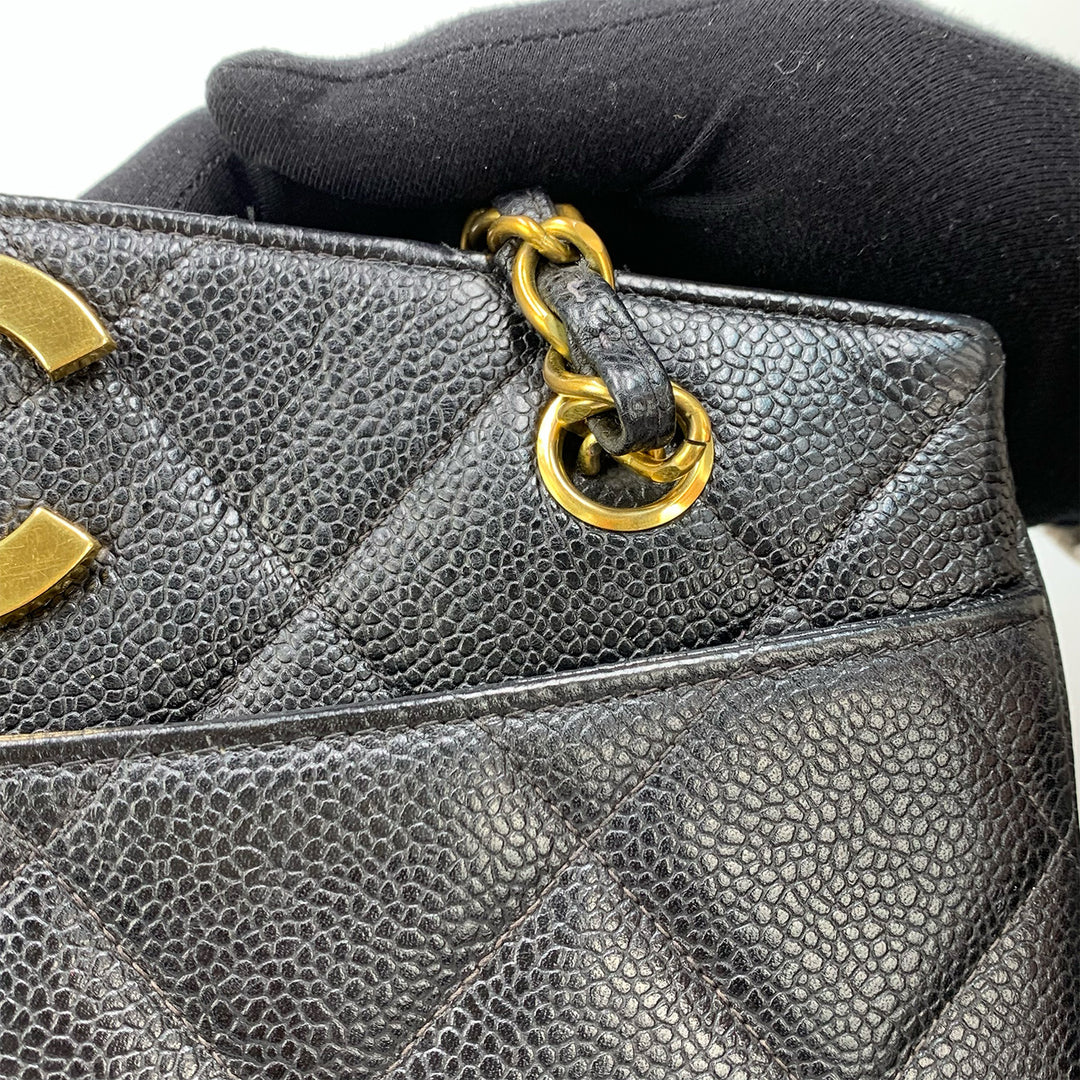 Vintage Chanel CC Lock Chain Tote in Black Caviar Leather and Gold Hardware