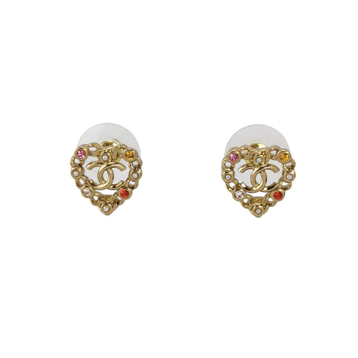 Chanel Pearl Crystal CC Heart Earrings Gold Multicolour