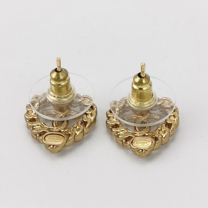 Chanel Pearl Crystal CC Heart Earrings Gold Multicolour