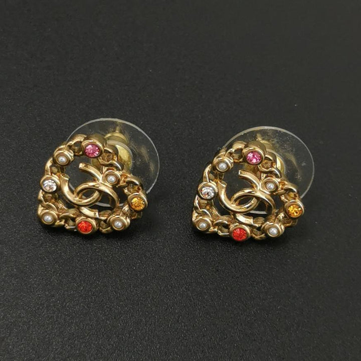 Chanel Pearl Crystal CC Heart Earrings Gold Multicolour