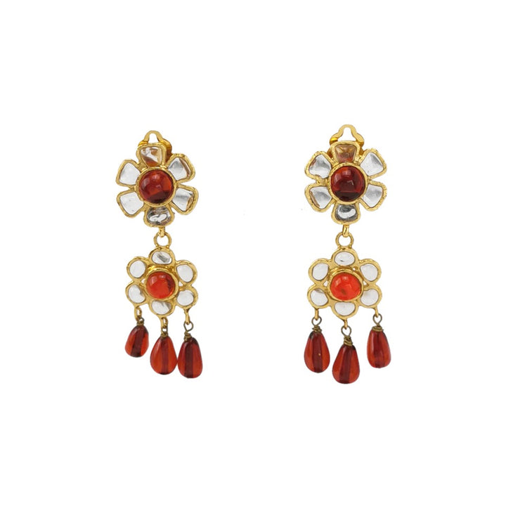 Chanel Vintage Flower Dangle Red White Clip Earrings