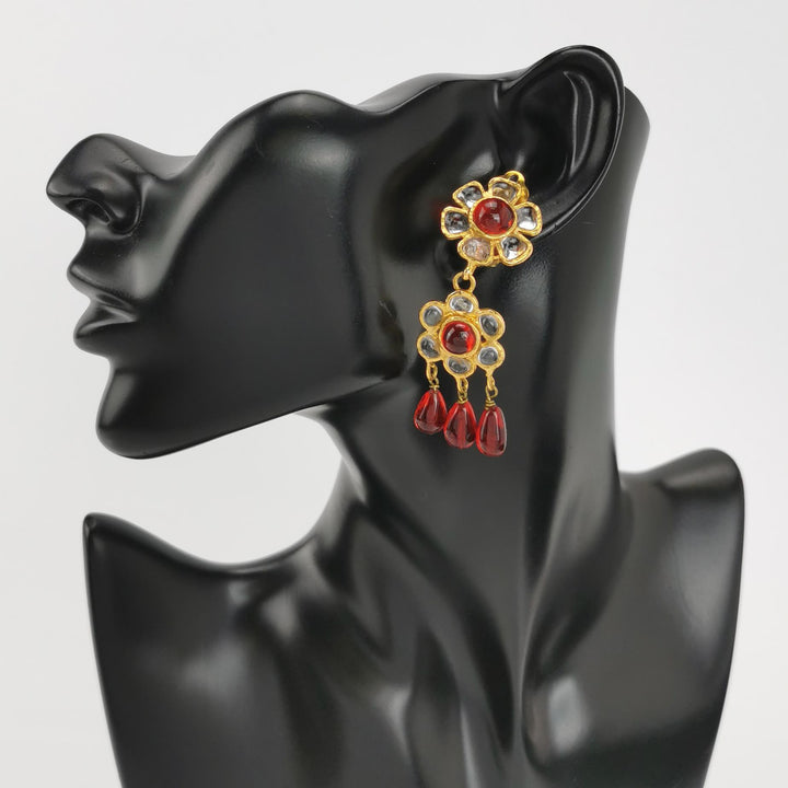 Chanel Vintage Flower Dangle Red White Clip Earrings