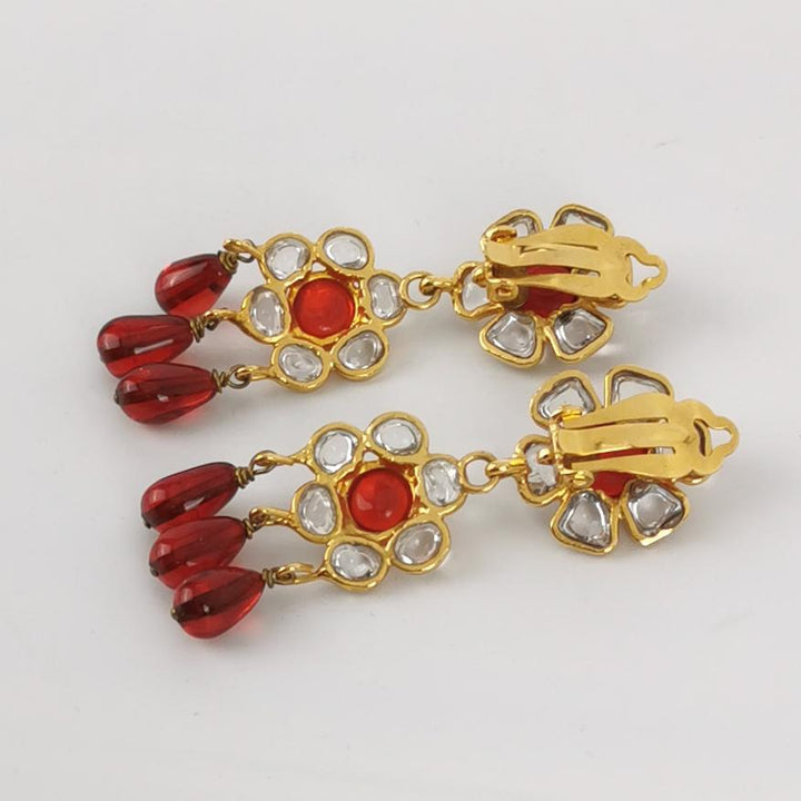 Chanel Vintage Flower Dangle Red White Clip Earrings