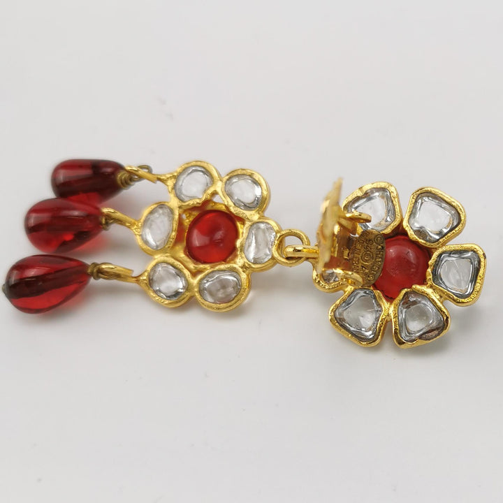 Chanel Vintage Flower Dangle Red White Clip Earrings