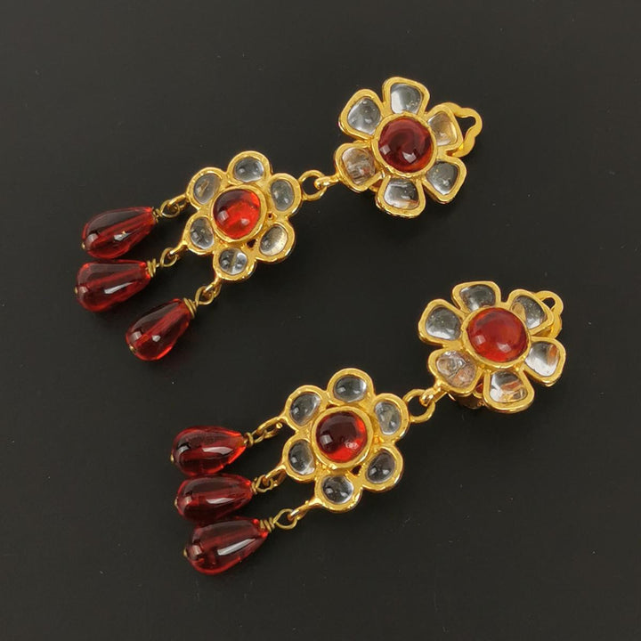 Chanel Vintage Flower Dangle Red White Clip Earrings