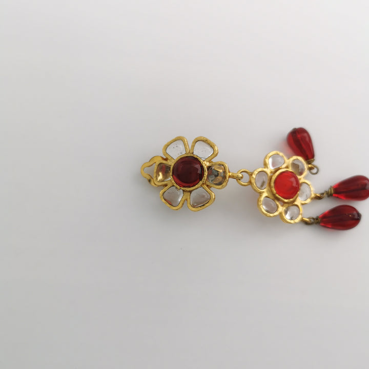 Chanel Vintage Flower Dangle Red White Clip Earrings