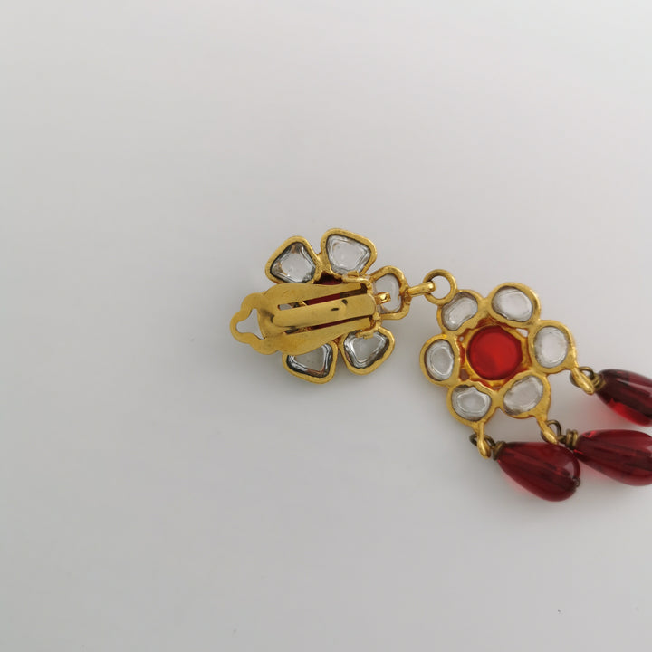 Chanel Vintage Flower Dangle Red White Clip Earrings