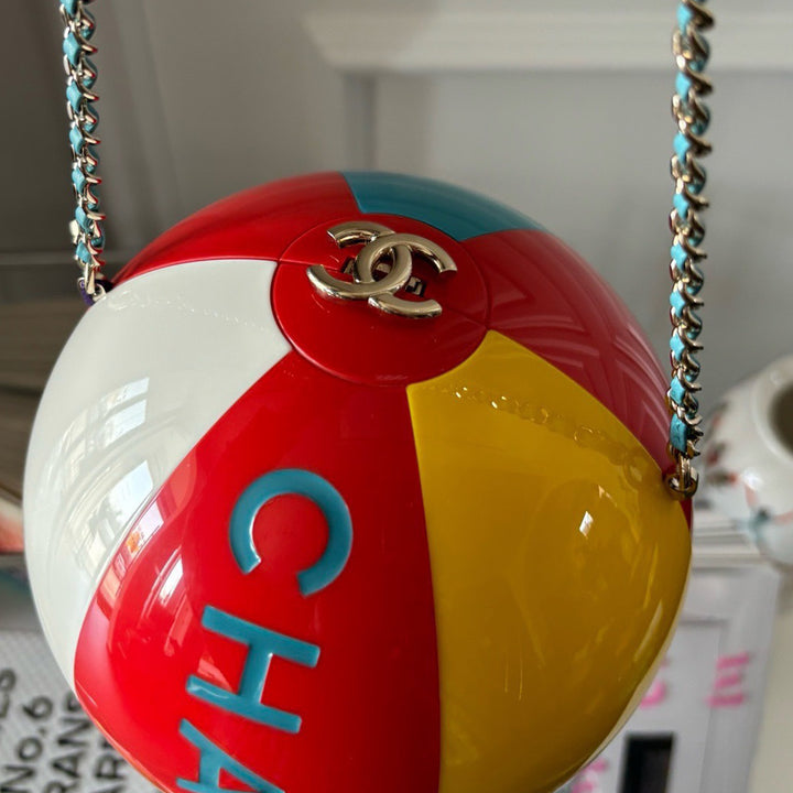 Chanel Coco Beach Ball Minaudiere in Red Yellow White Blue Gold Hardware