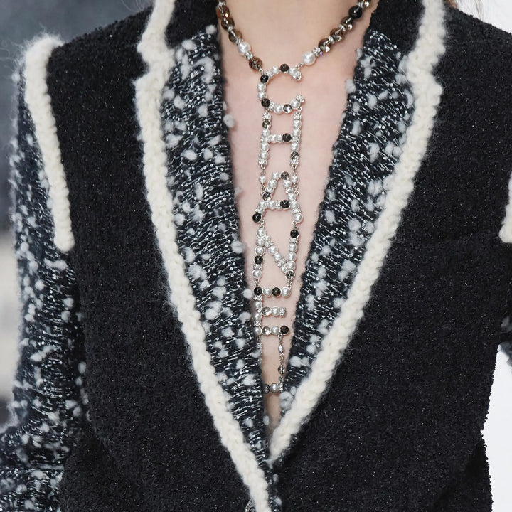 Chanel Logo Lariat Necklace Metal With Crystals Faux Pearl And Beads