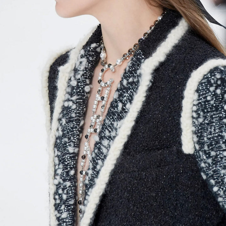Chanel Logo Lariat Necklace Metal With Crystals Faux Pearl And Beads