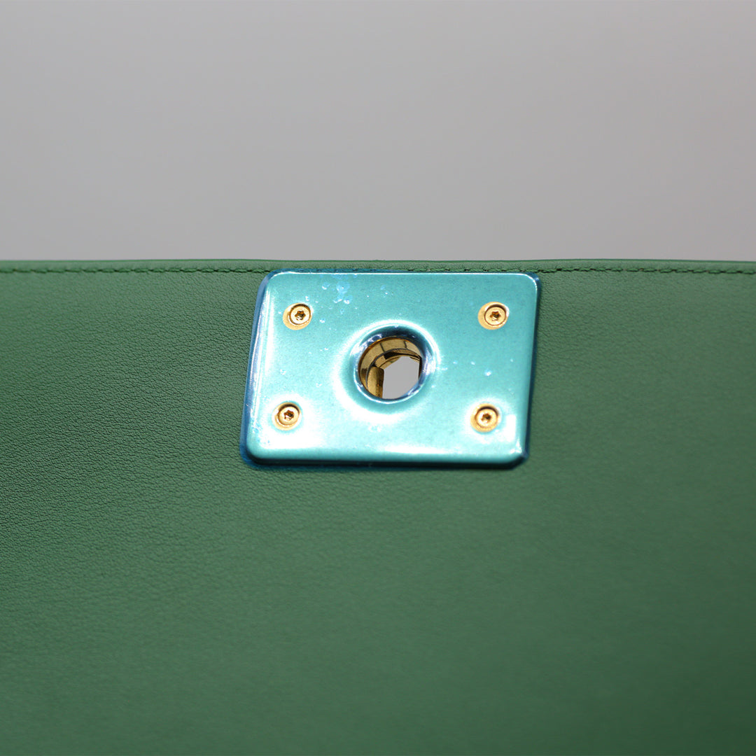 Chanel Medium Boy Flap Bag in Green Rabbit Fur and Lambskin with Gold Hardware