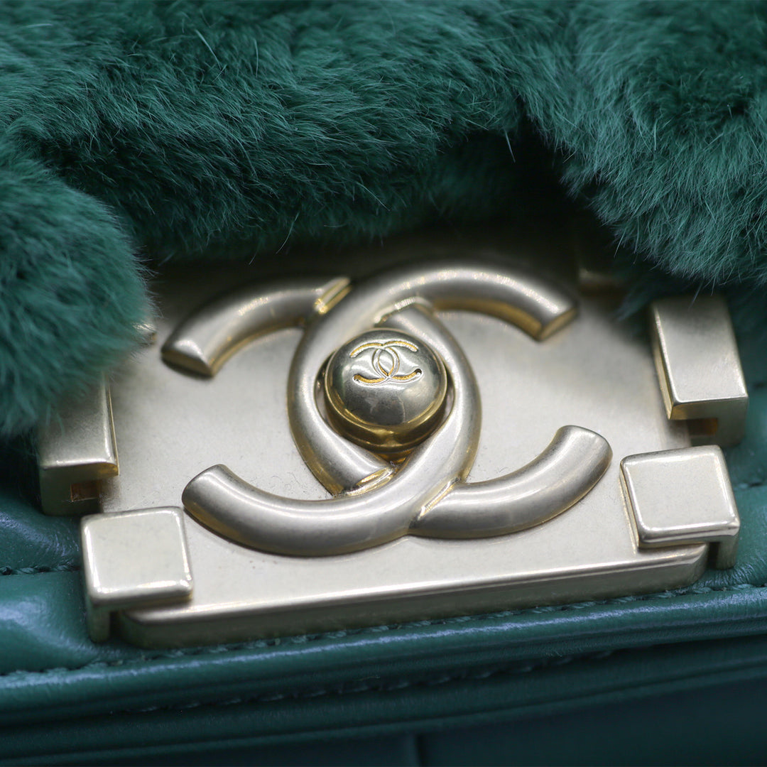 Chanel Medium Boy Flap Bag in Green Rabbit Fur and Lambskin with Gold Hardware