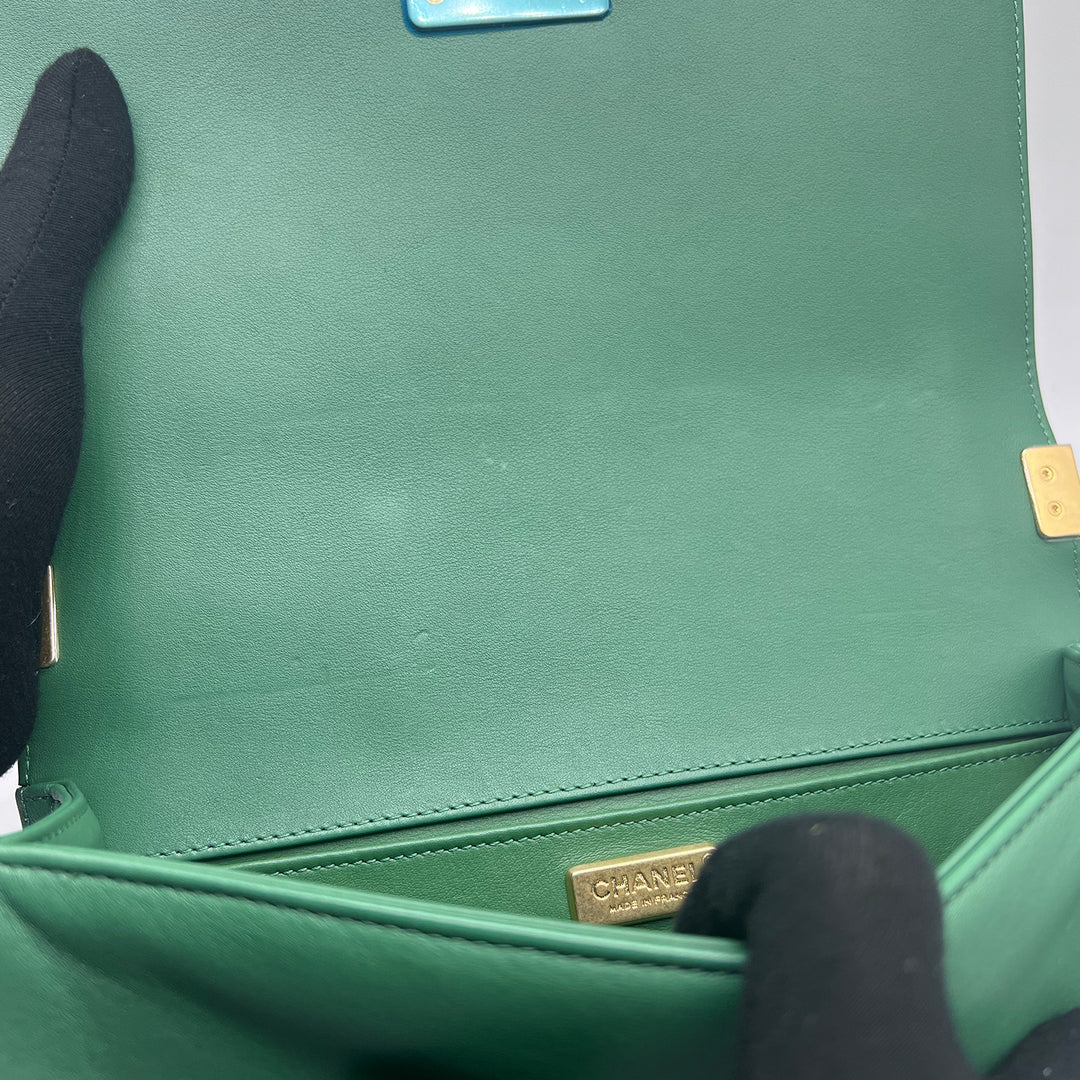 Chanel Medium Boy Flap Bag in Green Rabbit Fur and Lambskin with Gold Hardware