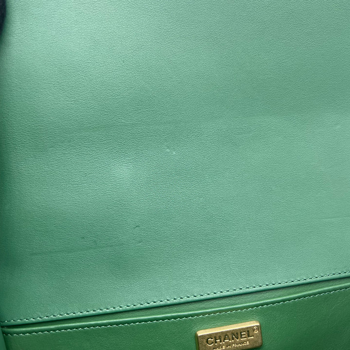 Chanel Medium Boy Flap Bag in Green Rabbit Fur and Lambskin with Gold Hardware