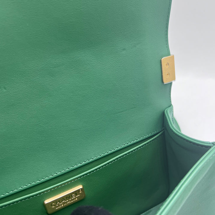 Chanel Medium Boy Flap Bag in Green Rabbit Fur and Lambskin with Gold Hardware