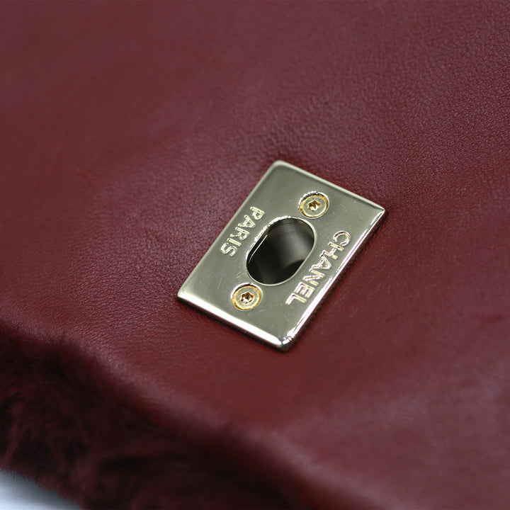 Chanel Metiers D'Art Top Handle Flap Bag in Burgundy Lambskin and Rabbit Fur with Gold Hardware