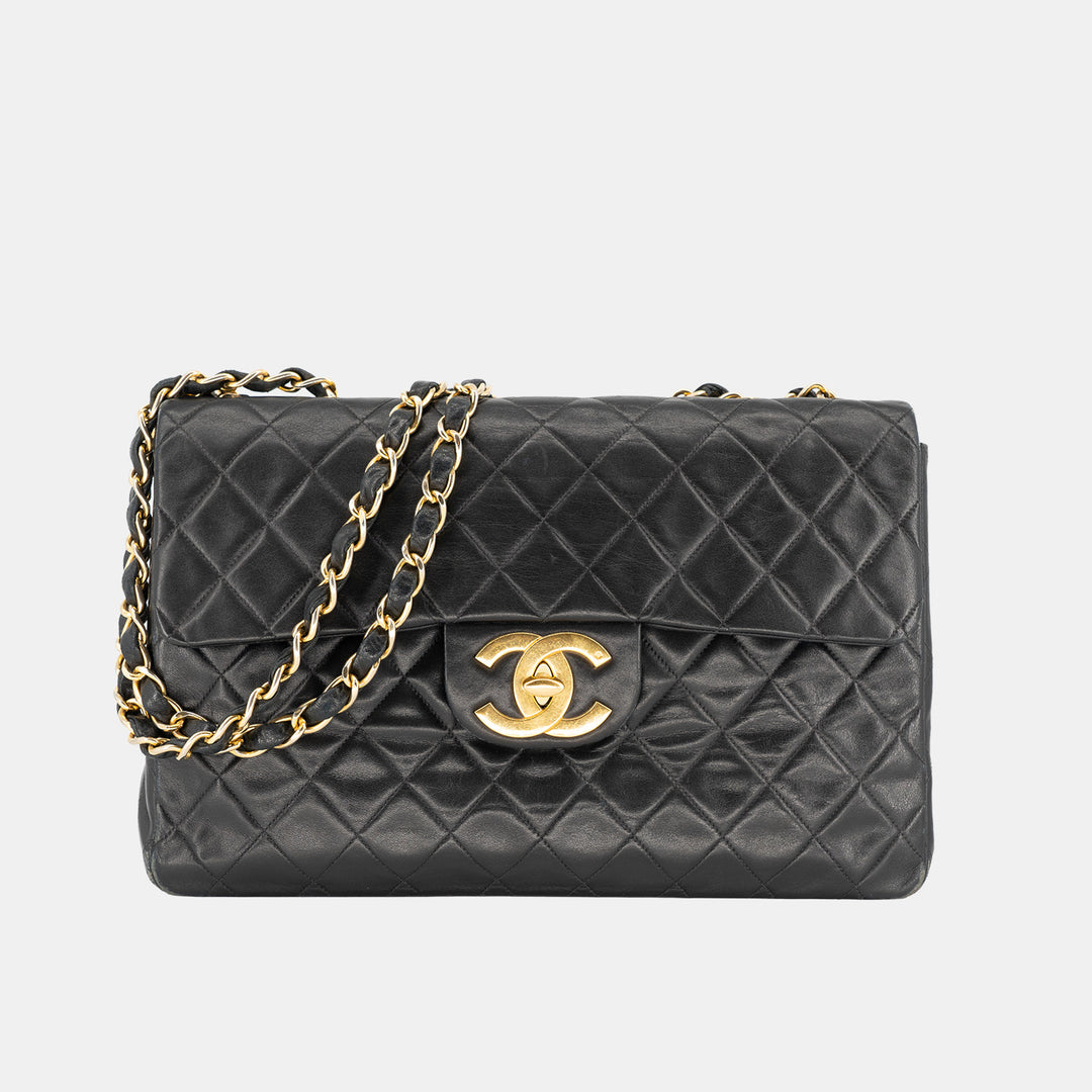 Chanel Vintage Maxi Jumbo XL Flap Bag in Black Quilted Lambskin