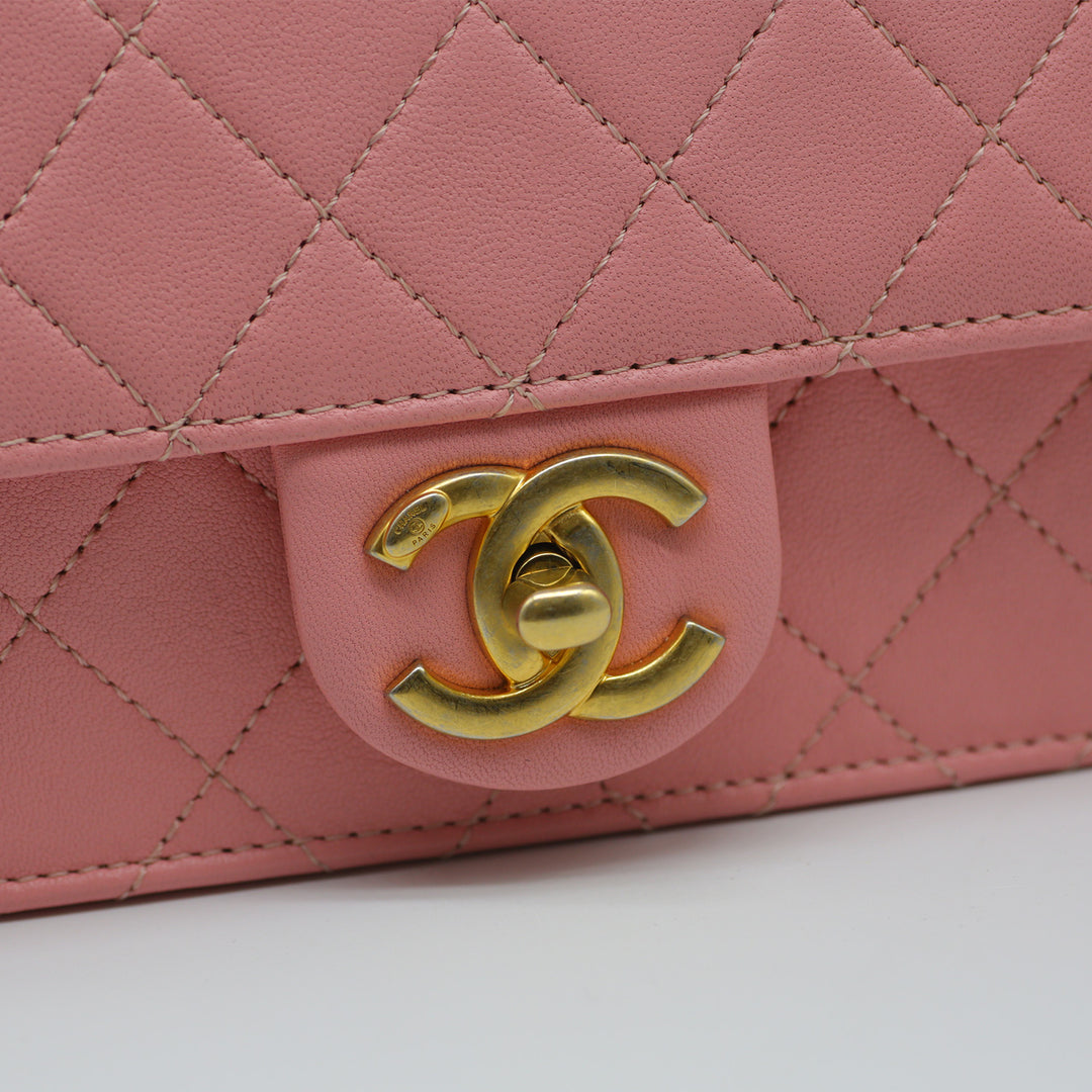 Chanel Pearl Chain Flap Bag in Pink Lambskin with Gold Hardware