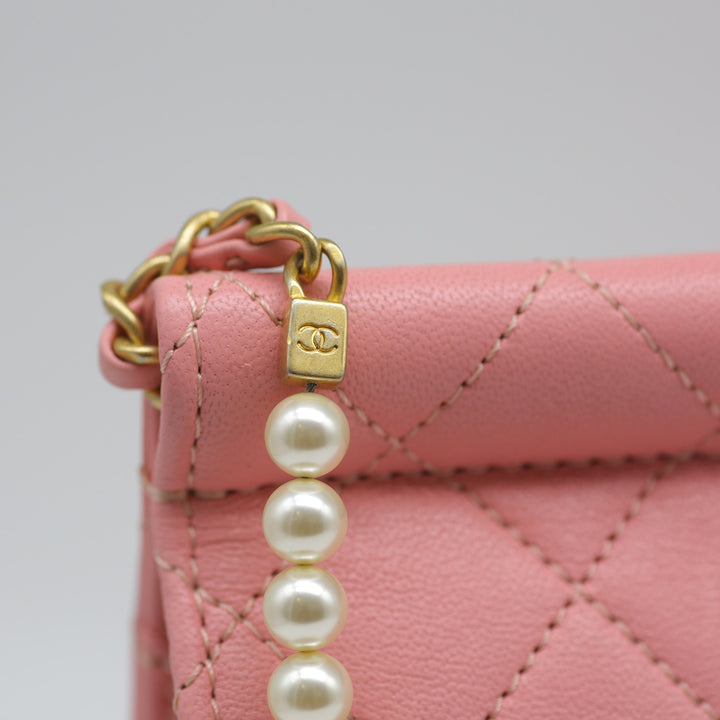 Chanel Pearl Chain Flap Bag in Pink Lambskin with Gold Hardware